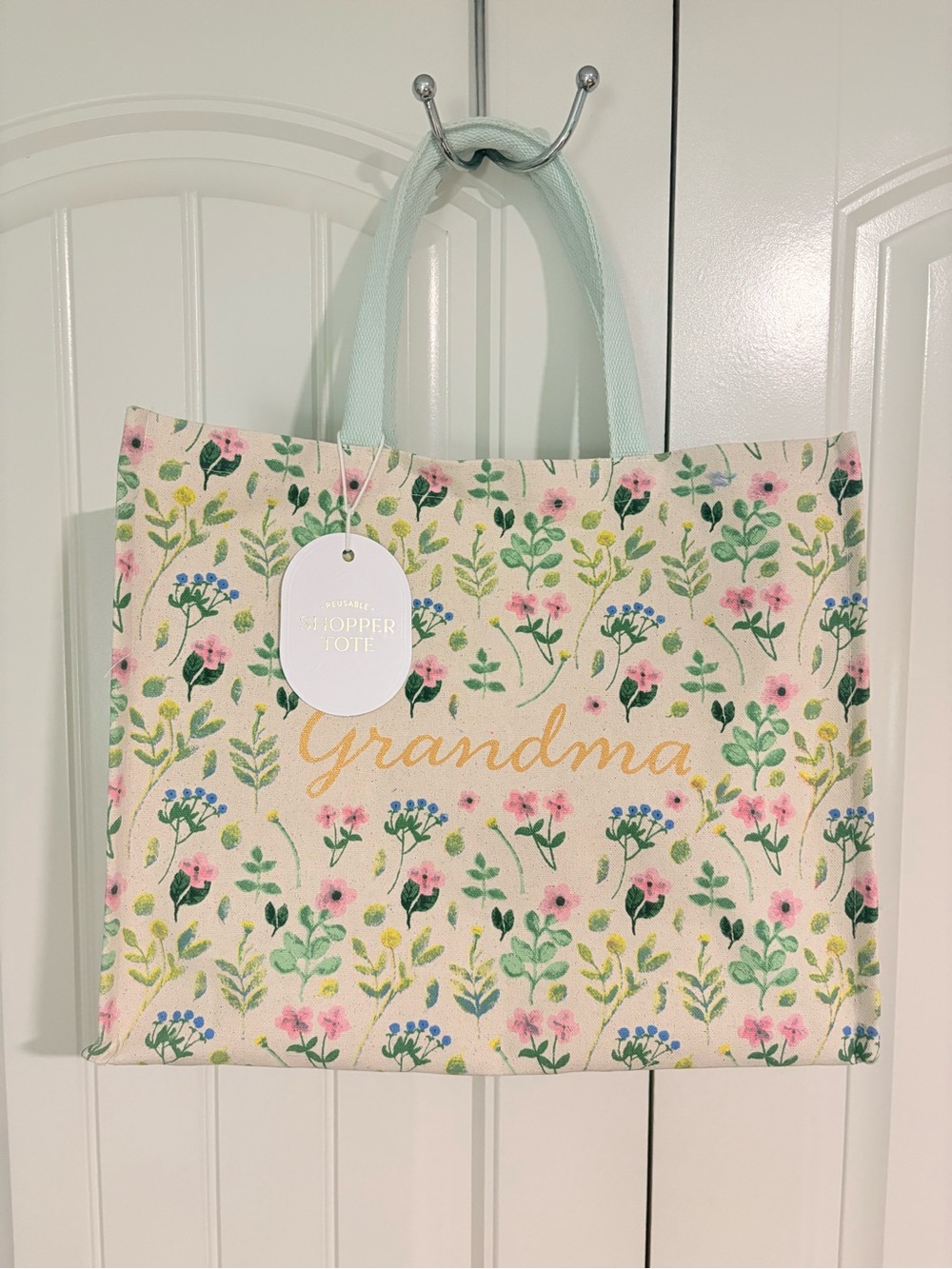 Eccolo Cream Floral 'Grandma' Shopper Tote with Mint Handles